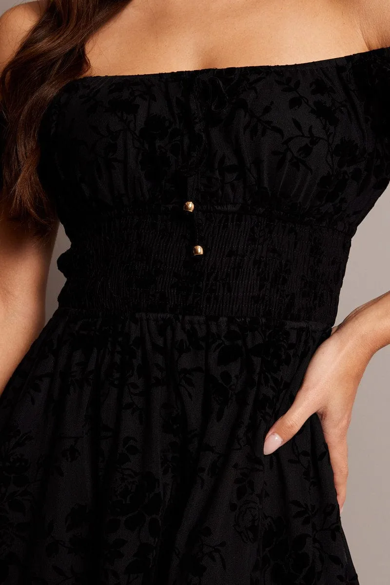 Black Fit And Flare Dress Puff Sleeve Mini Burn Out