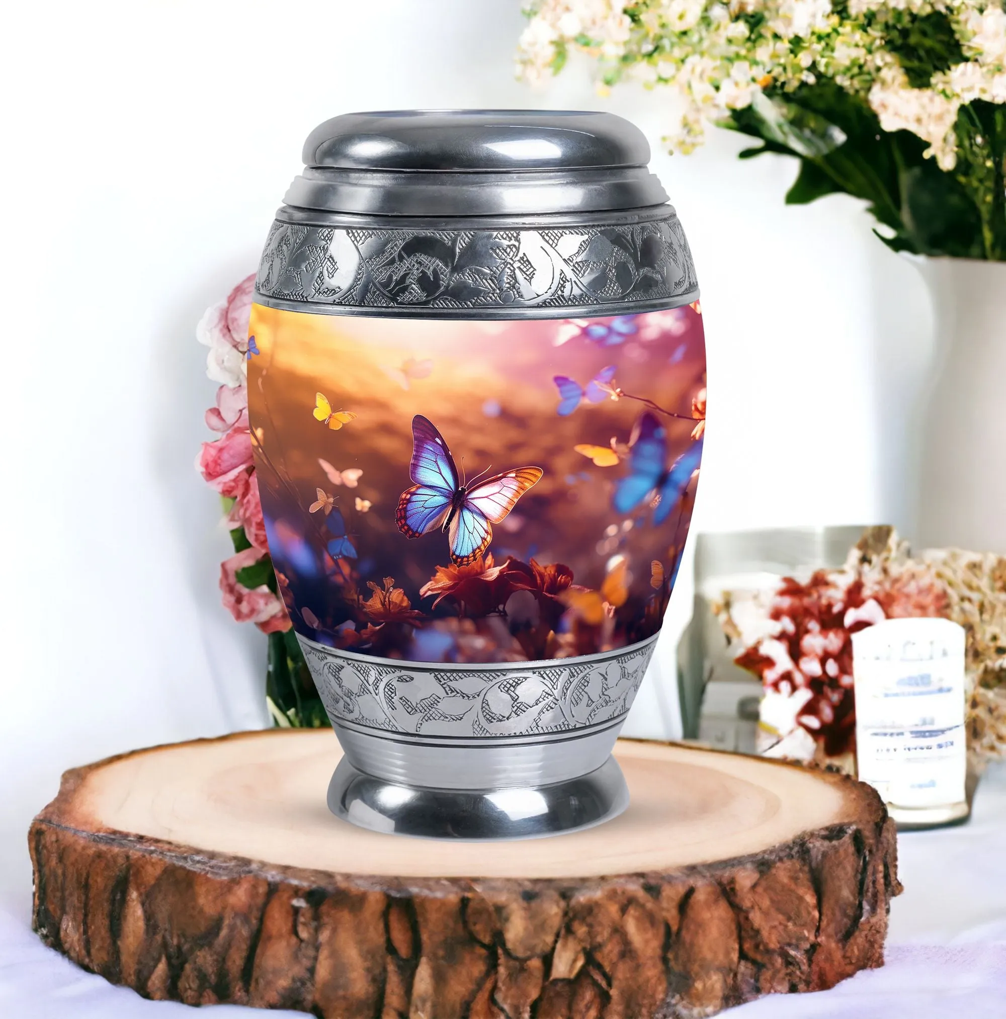 Blue Butterflies Large Aluminium Urn for Human Ashes with Personalized Engraving