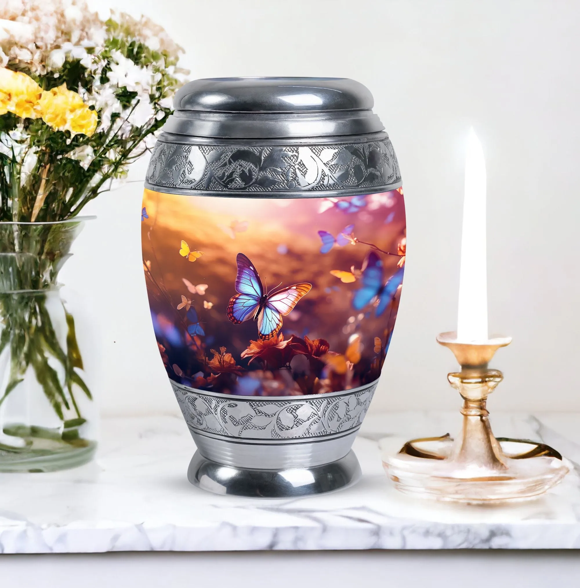 Blue Butterflies Large Aluminium Urn for Human Ashes with Personalized Engraving