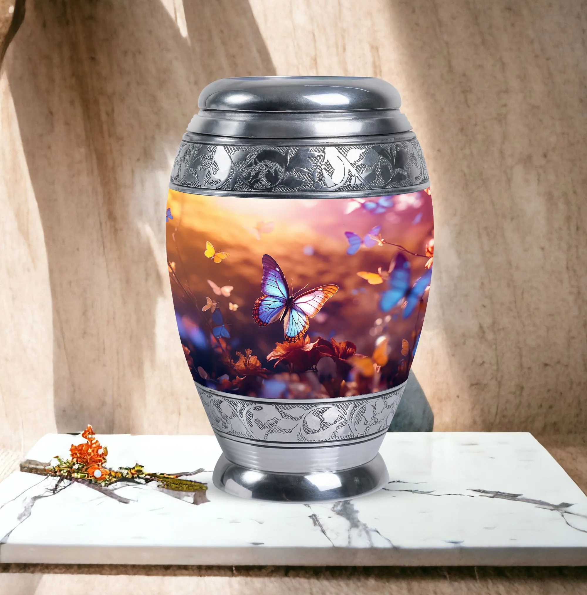 Blue Butterflies Large Aluminium Urn for Human Ashes with Personalized Engraving