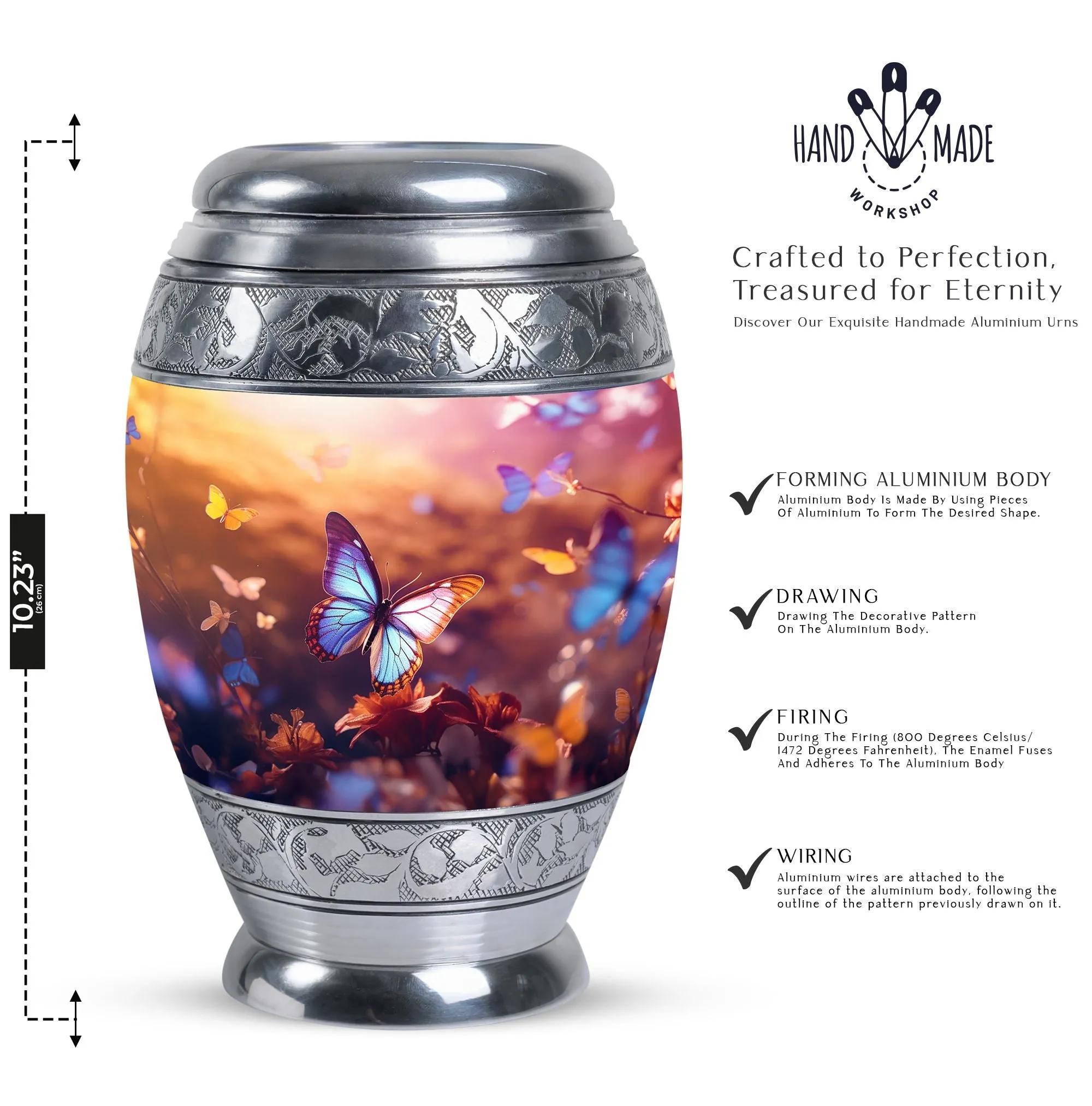 Blue Butterflies Large Aluminium Urn for Human Ashes with Personalized Engraving