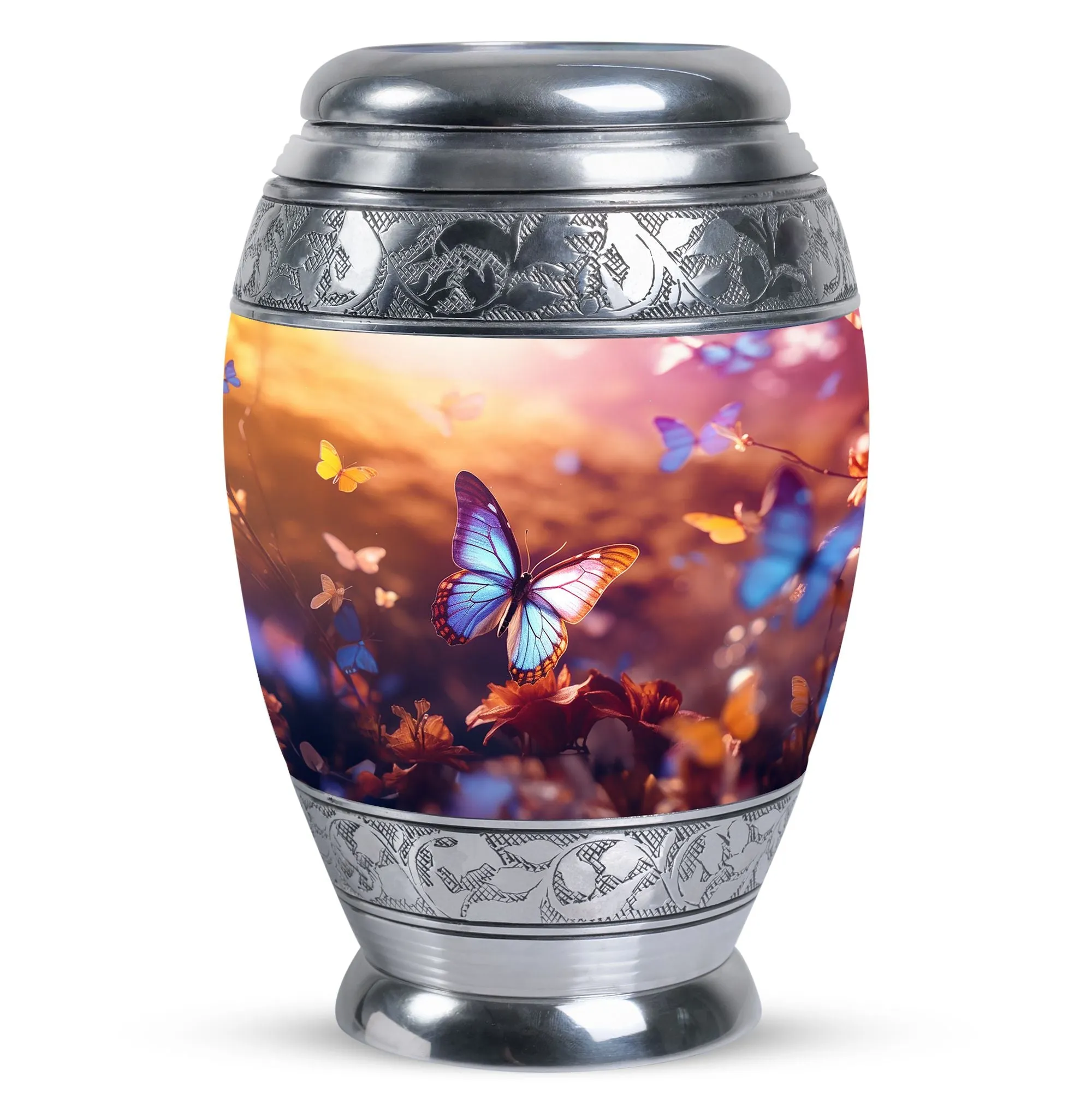 Blue Butterflies Large Aluminium Urn for Human Ashes with Personalized Engraving