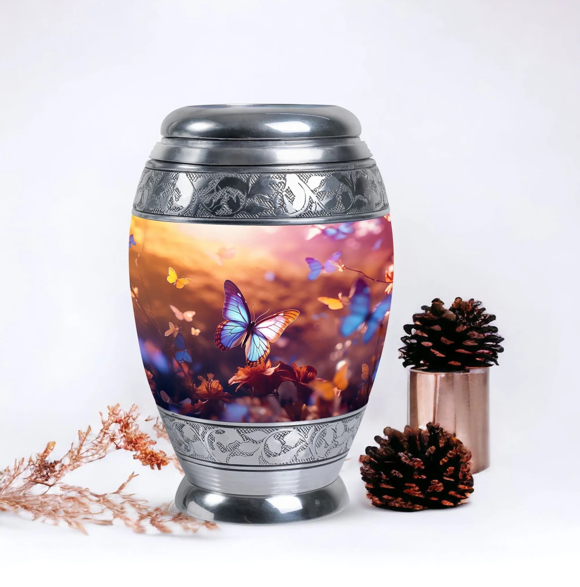 Blue Butterflies Large Aluminium Urn for Human Ashes with Personalized Engraving