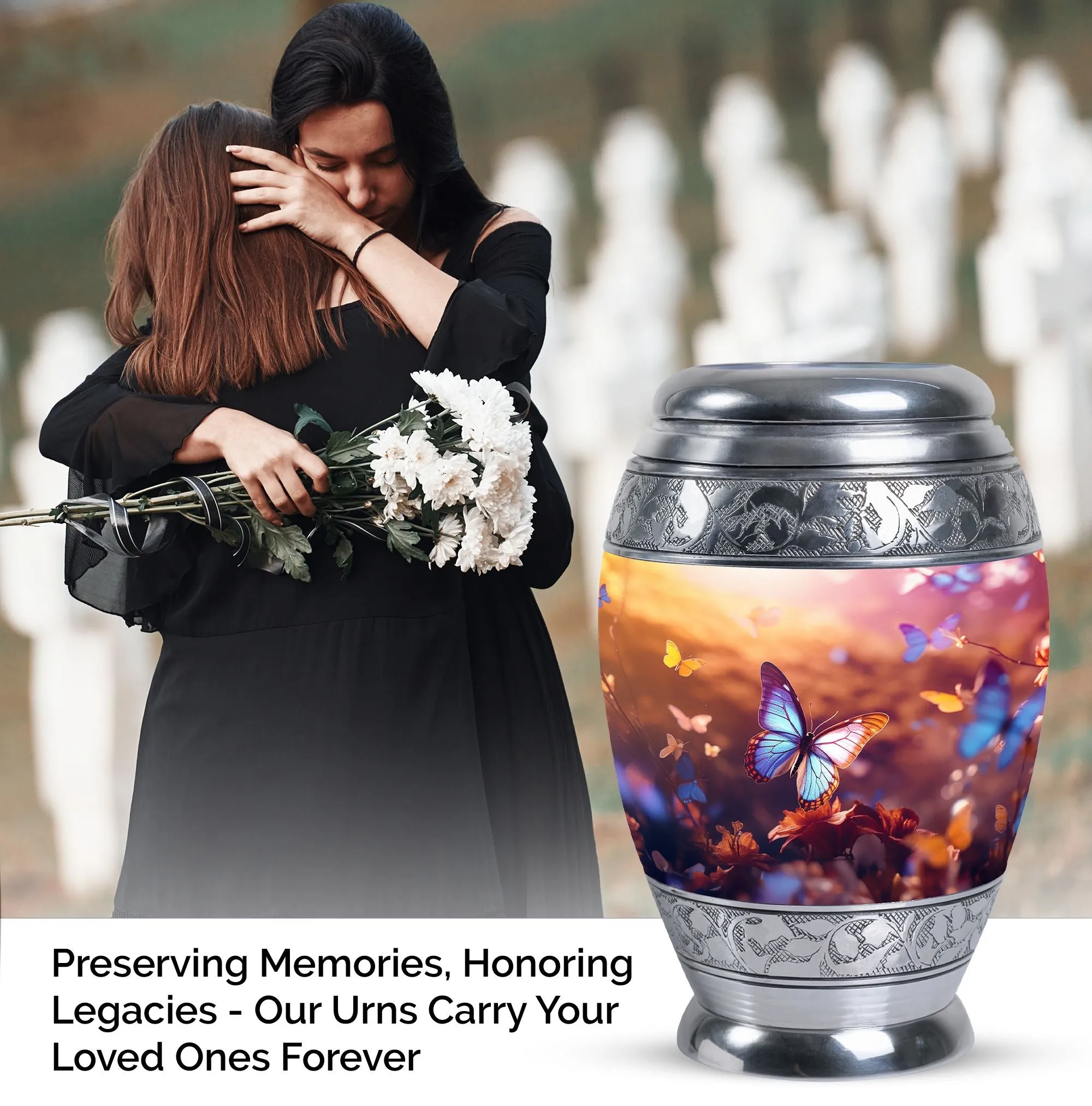 Blue Butterflies Large Aluminium Urn for Human Ashes with Personalized Engraving