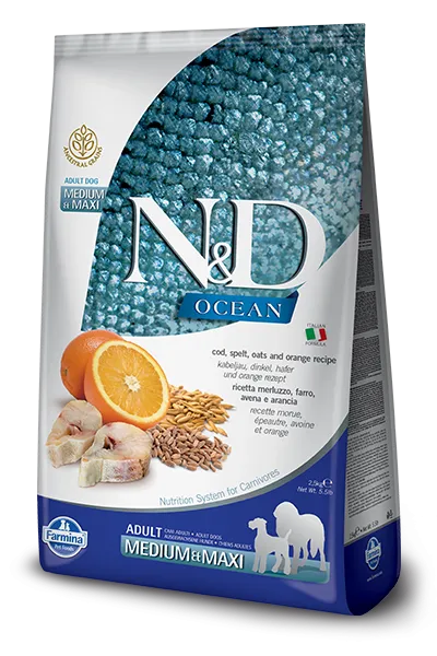 Farmina Natural & Delicious Ocean Cod, Spelt, Oats & Orange Adult Medium & Maxi Dry Dog Food