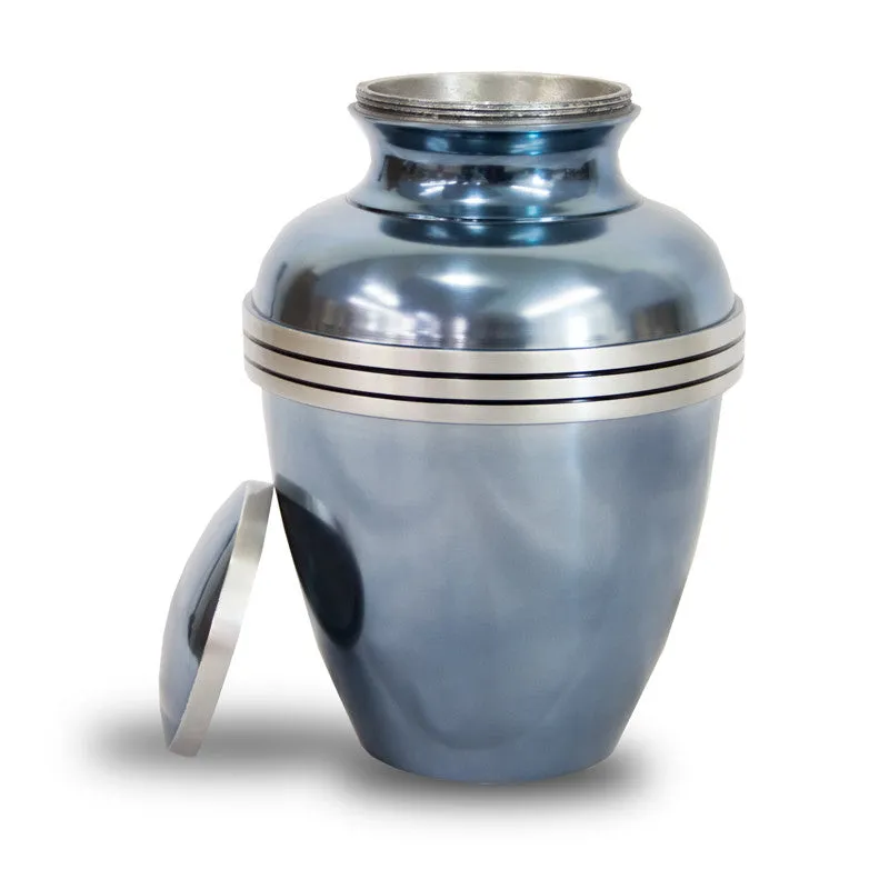 Metallic Blue Banded Cremation Urn in Large
