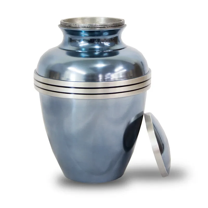 Metallic Blue Banded Cremation Urn in Large
