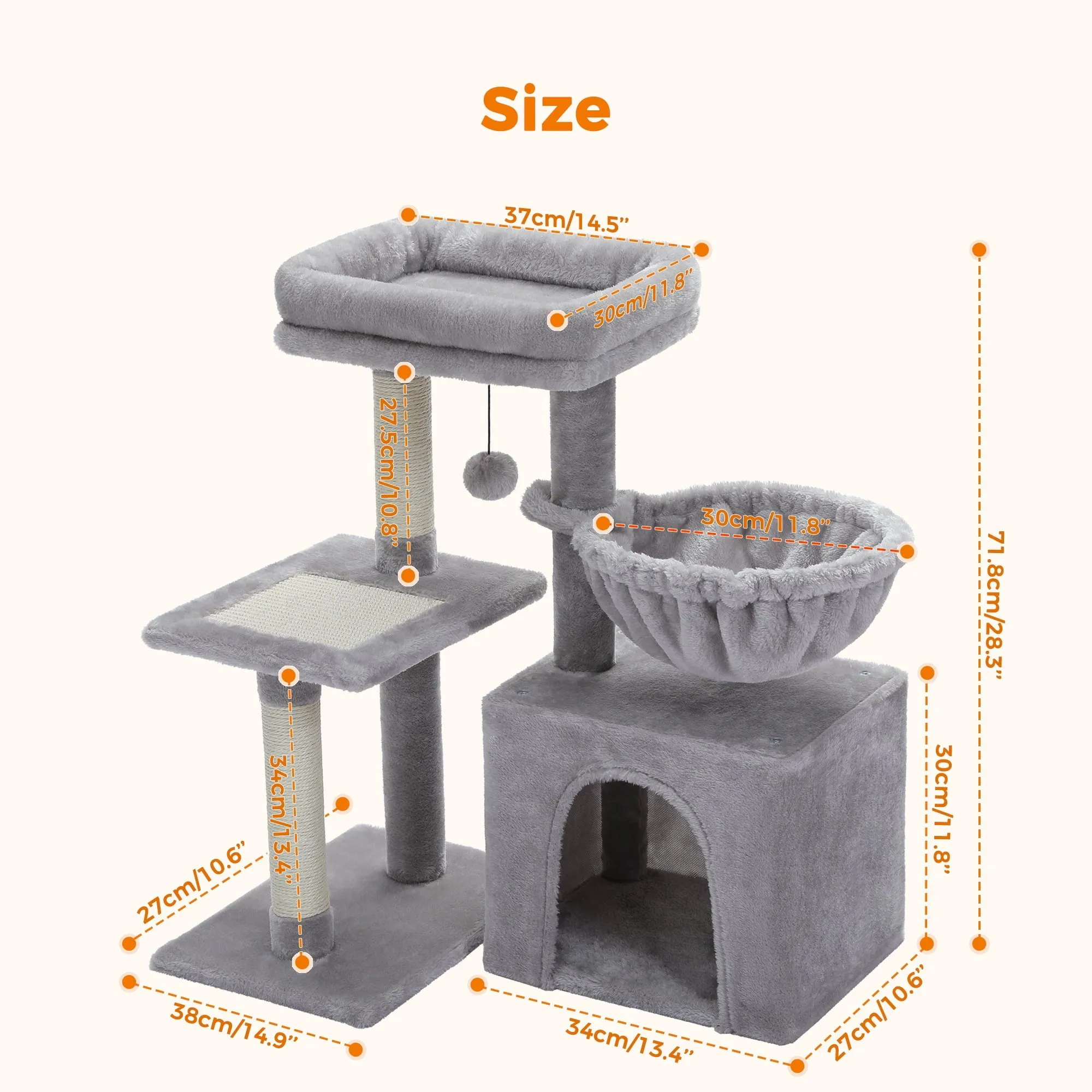 PAWZ Road AMT0208GY 28" Small Cat Tree Tower Cat Condo with Perch Cat Scratching Post for Indoor Cats, Gray