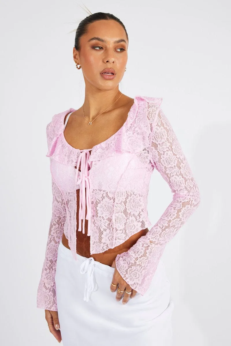 Pink Lace Tie Up Top Long Sleeve