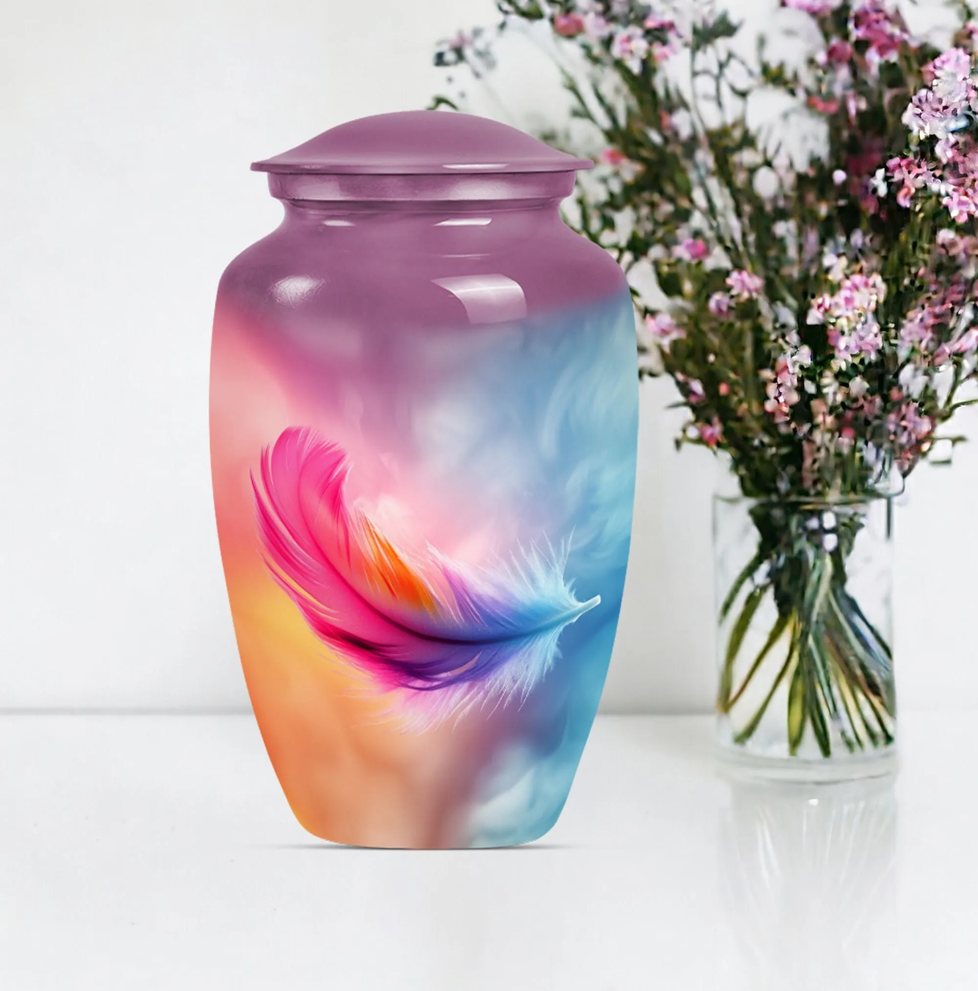 Purple Meadow Feather Urn - Burial Cremation Keepsake Urn