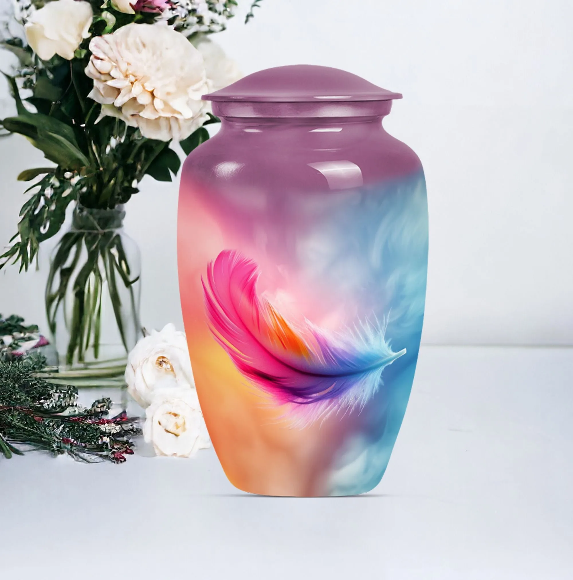 Purple Meadow Feather Urn - Burial Cremation Keepsake Urn