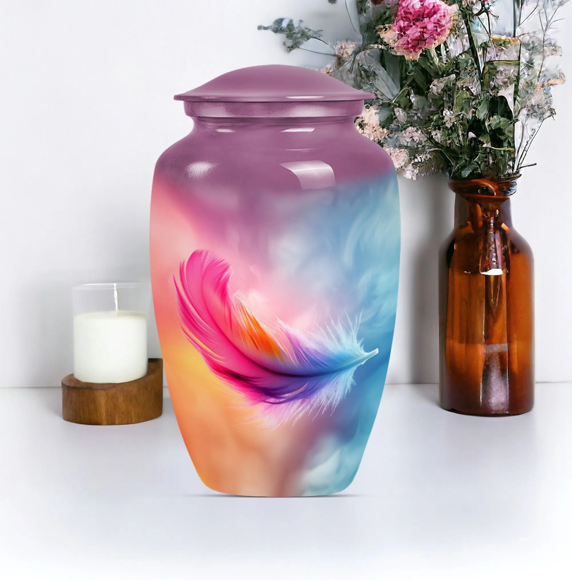 Purple Meadow Feather Urn - Burial Cremation Keepsake Urn