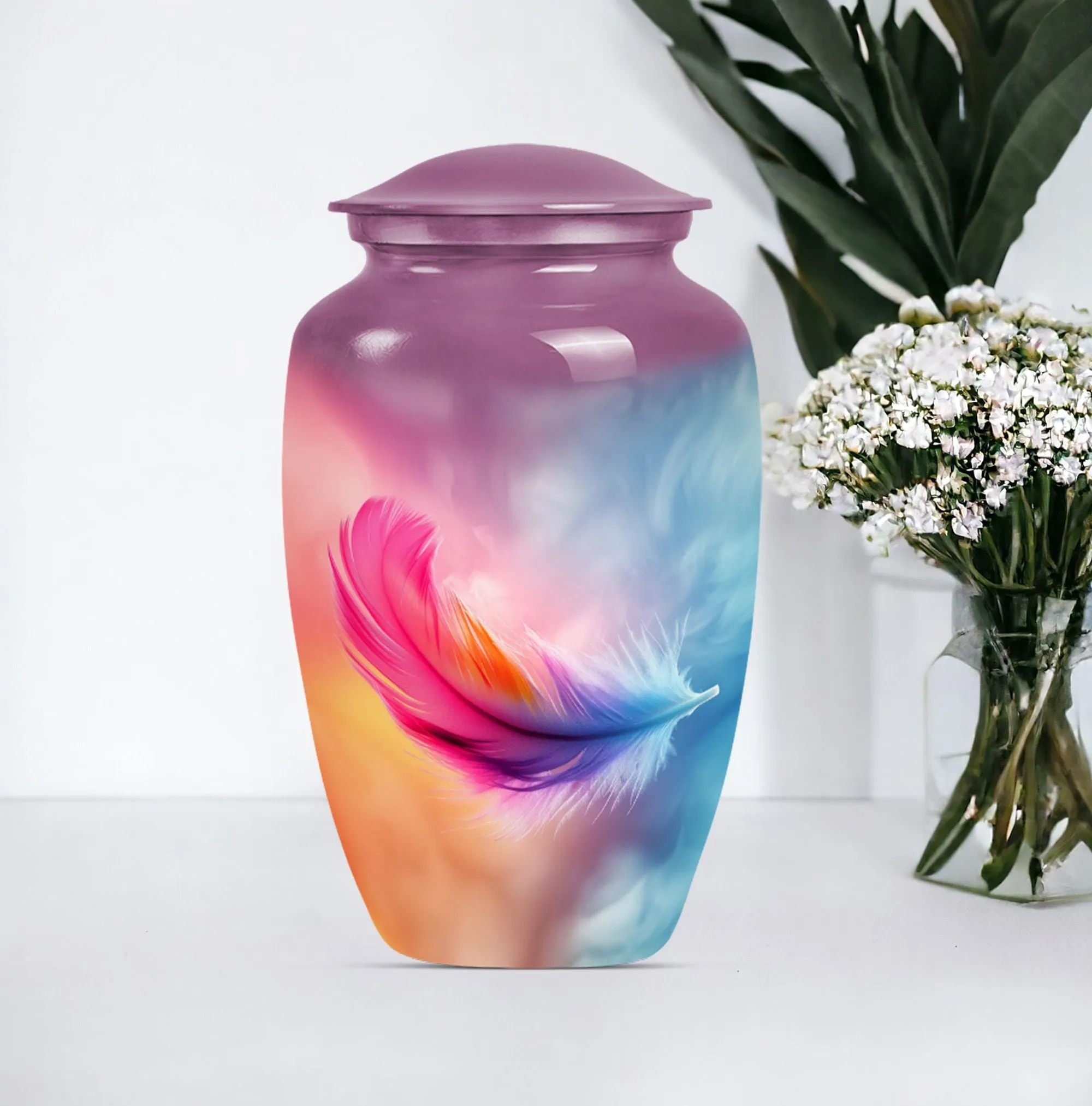 Purple Meadow Feather Urn - Burial Cremation Keepsake Urn