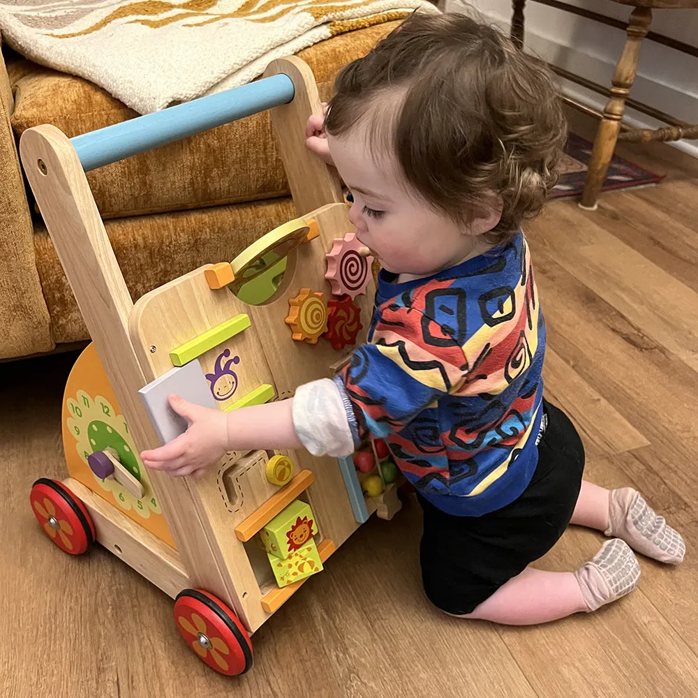 Solid Wood Activity Walker | Sensory Exploration with Spinning Mirror & Gears & Mazes