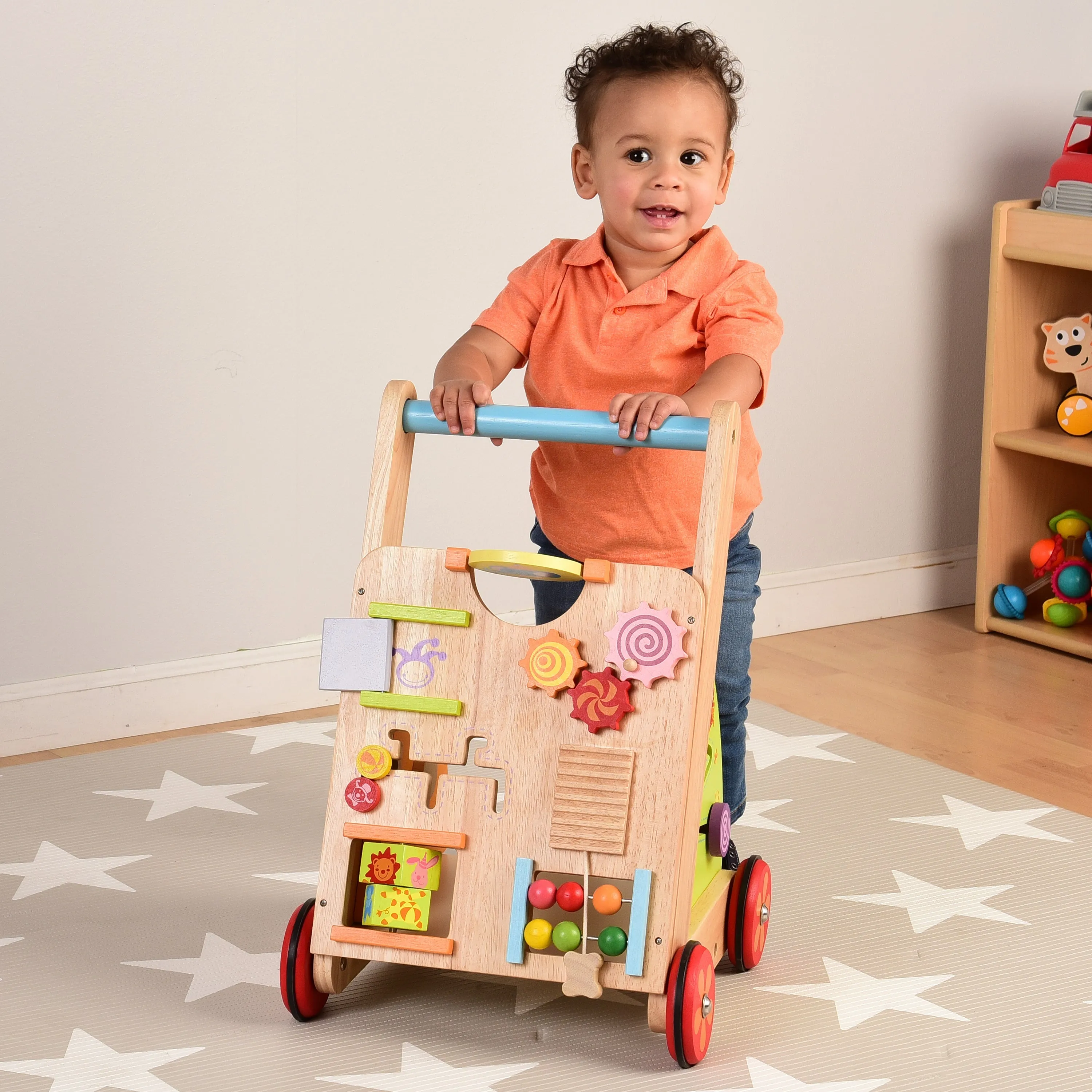 Solid Wood Activity Walker | Sensory Exploration with Spinning Mirror & Gears & Mazes