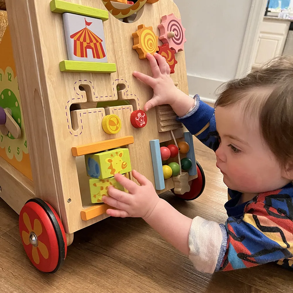 Solid Wood Activity Walker | Sensory Exploration with Spinning Mirror & Gears & Mazes