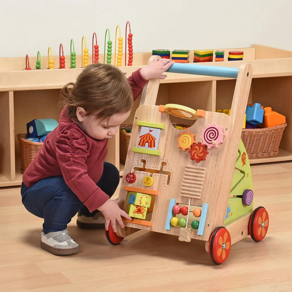 Solid Wood Activity Walker | Sensory Exploration with Spinning Mirror & Gears & Mazes