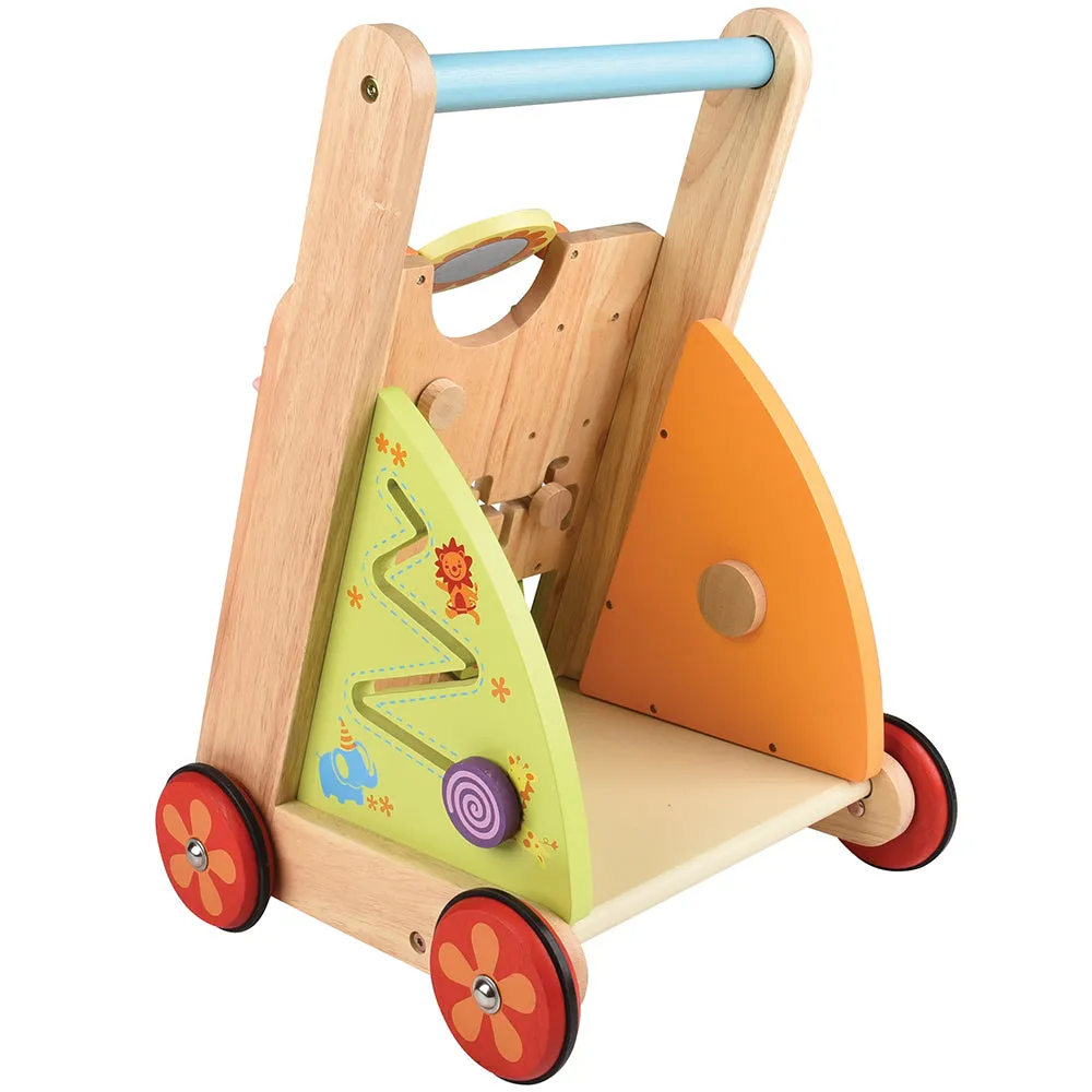 Solid Wood Activity Walker | Sensory Exploration with Spinning Mirror & Gears & Mazes