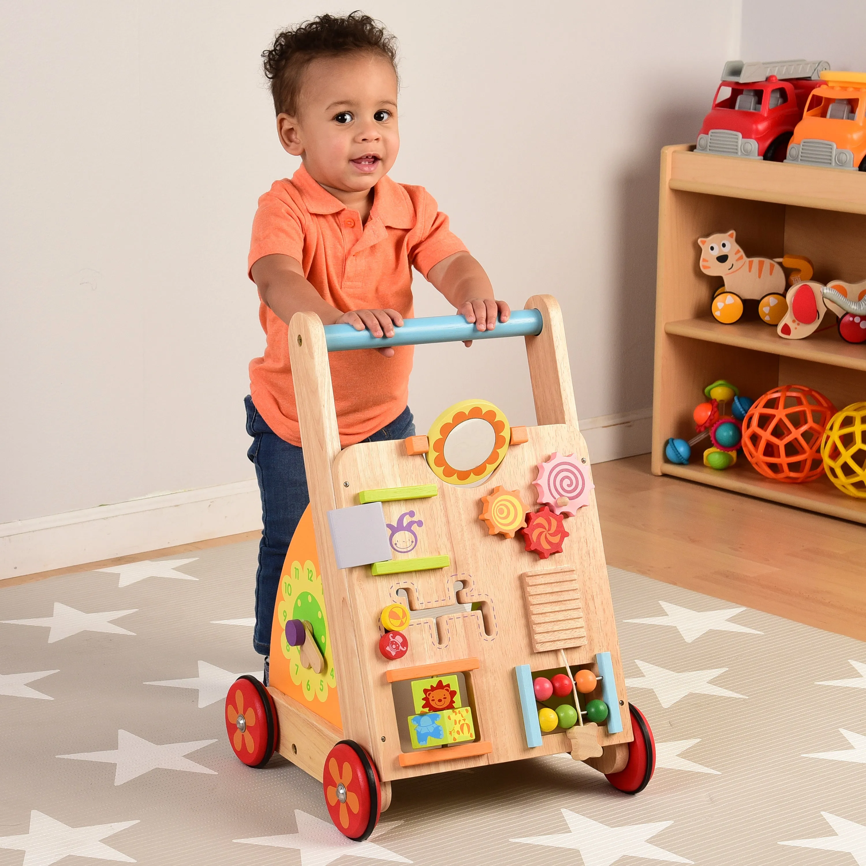 Solid Wood Activity Walker | Sensory Exploration with Spinning Mirror & Gears & Mazes