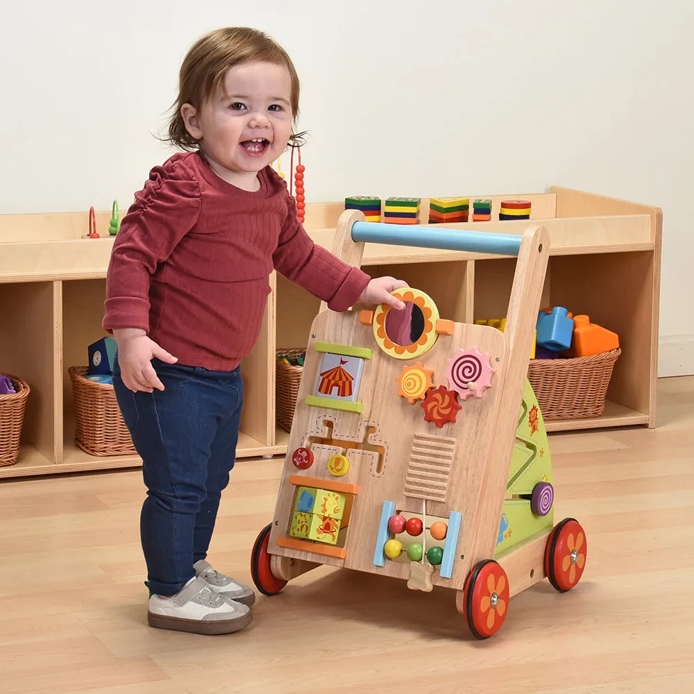 Solid Wood Activity Walker | Sensory Exploration with Spinning Mirror & Gears & Mazes