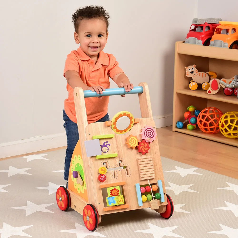 Solid Wood Activity Walker | Sensory Exploration with Spinning Mirror & Gears & Mazes