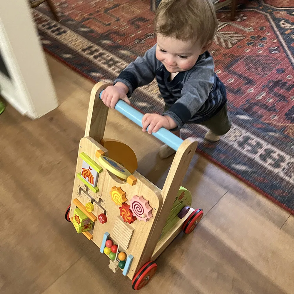 Solid Wood Activity Walker | Sensory Exploration with Spinning Mirror & Gears & Mazes