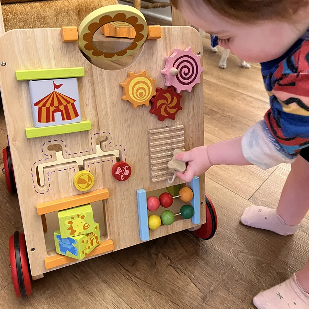 Solid Wood Activity Walker | Sensory Exploration with Spinning Mirror & Gears & Mazes