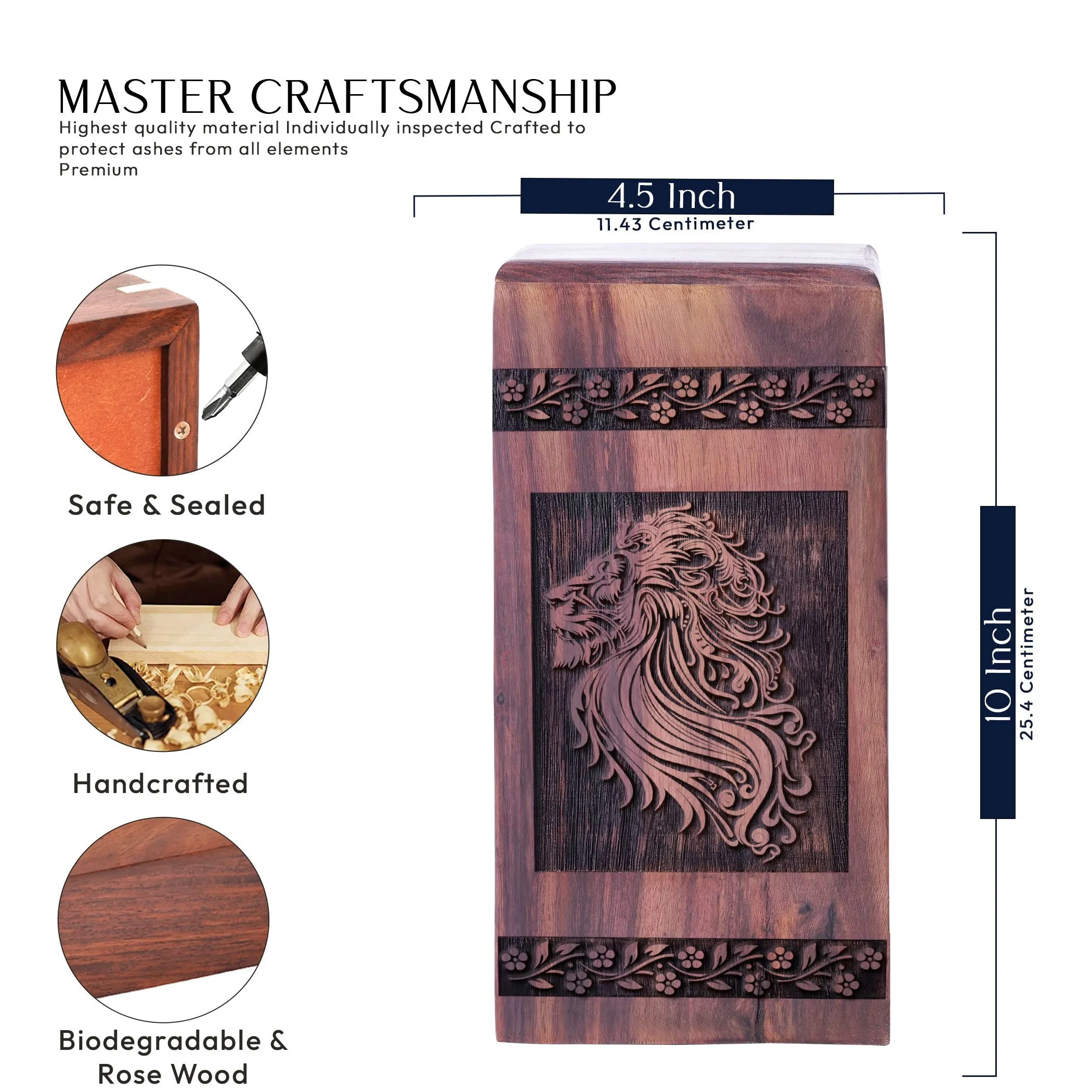 Stunning Lion Wooden Urn For Adult Male Ashes - Cremation Funeral Keepsake