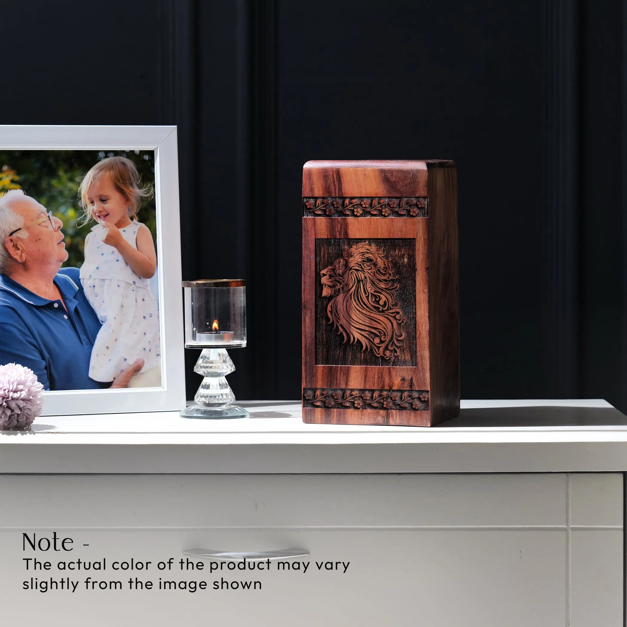 Stunning Lion Wooden Urn For Adult Male Ashes - Cremation Funeral Keepsake