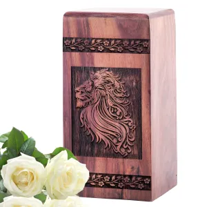 Stunning Lion Wooden Urn For Adult Male Ashes - Cremation Funeral Keepsake